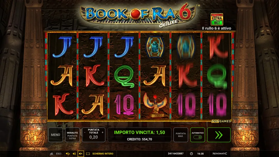Book of Ra Deluxe 6 con il gioco automatico attivo e una vincita di 1,50