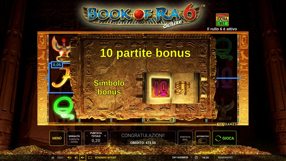Book of Ra Deluxe 6: schermata delle 10 partite bonus con il 10 come simbolo bonus