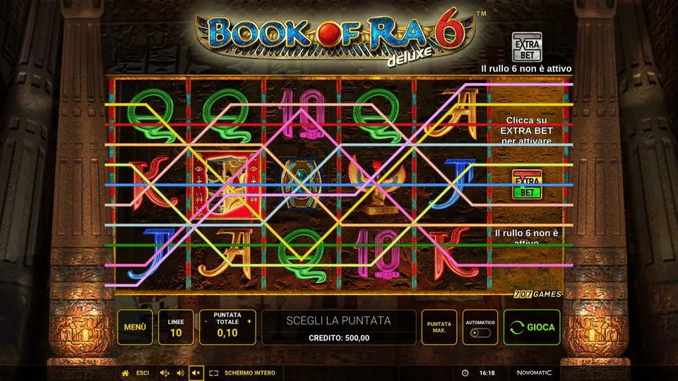 Book of Ra Deluxe 6 con il rullo 6 non attivo e le dieci linee sui cinque rulli