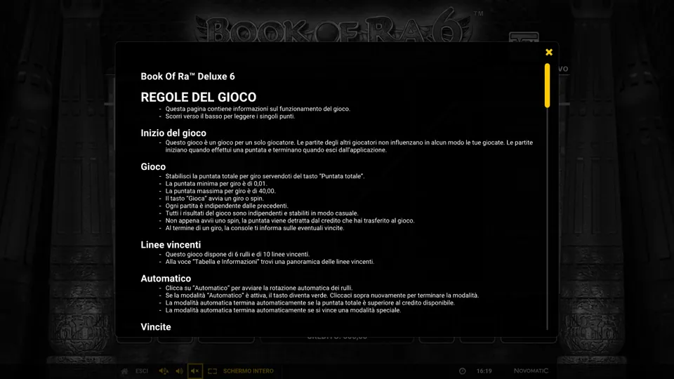 La pagina Regole del gioco di Book of Ra Deluxe 6 nell'Help, letta dall'autrice per le guide