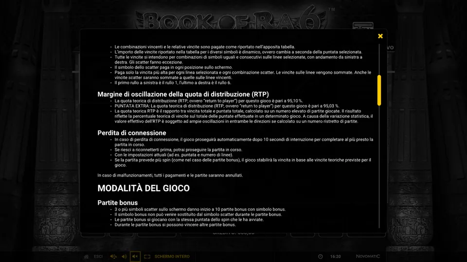 L'Help di Book of Ra Deluxe 6 con la sezione Margine di oscillazione della quota di distribuzione: 95,10% e 95,03%
