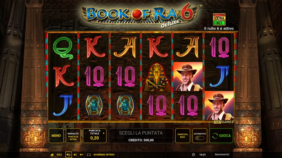 Book of Ra Deluxe 6: i sei rulli con la scritta Il rullo 6 è attivo e il tasto Extra Bet acceso